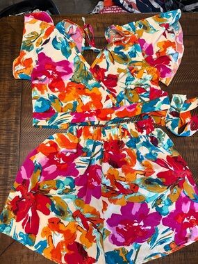 SHEIN Bright Floral Tie-Back Shorts Set in Pink, Orange, Teal, Red and Cream